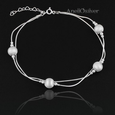 Silver Double Bracelet on Foot with satin Balls 