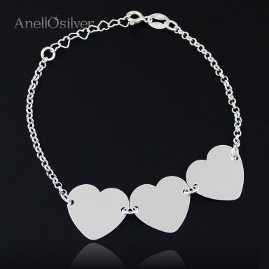 Silver bracelet with 3 hearts & Engraved
