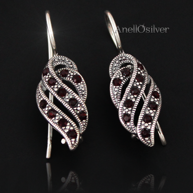 Silver earrings with maroon colored stones Swarovski Elements