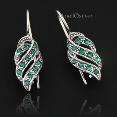 Silver earrings with green stones Swarovski Elements. 