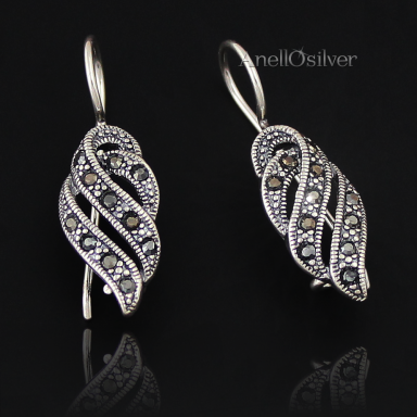 Silver earrings with black stones Swarovski Elements. 