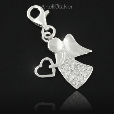 Silver pendant, charms angel with heart and zircons