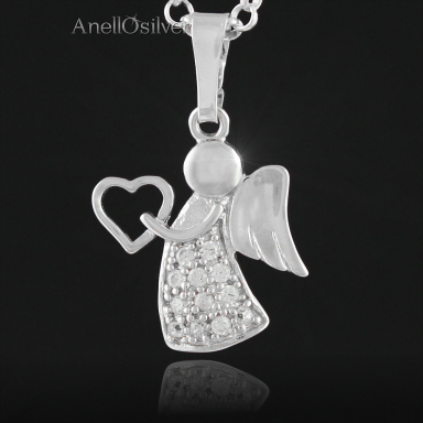 Silver Pendant Angel with Heart and zircons 