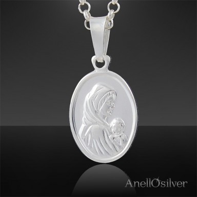 Silver medallion with the image of the Virgin Mary and Jesus. 
