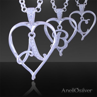 Silver Pendant Rhodium Heart of the letter in the middle from A to Z