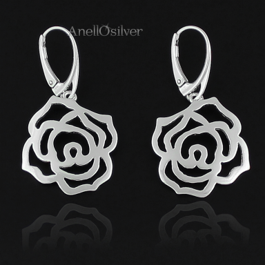 Silver earrings, resembling the shape of a rose flower 