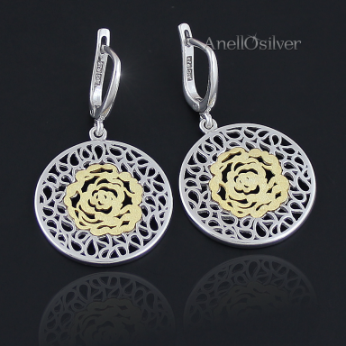 Silver earrings rings with gilded rose
