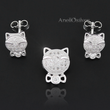Cats Silver Set with White Cubic Zirconia Micro Setting 