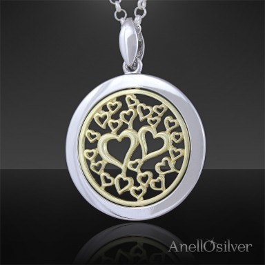 Silver Circle Pendant with gold Hearts in the middle 
