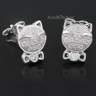 Cats Silver Earrings with White Cubic Zirconia Micro Setting 