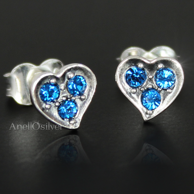 Silver earrings heart with light blue stones Swarovski Element's.