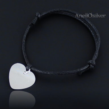 Charms Bracelet - Black-Cord with Silver Heart of the engraving