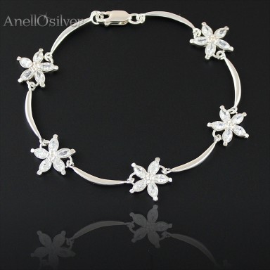 Silber-Armband mit Zirkonia, Blumen.